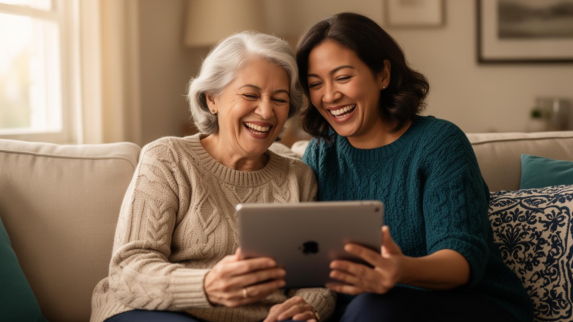 A grandmother and her adult daughter laughing together while looking at a tablet