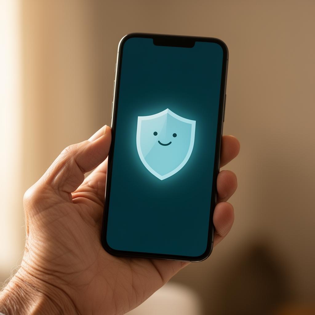 A hand holding a phone showing a friendly protection indicator