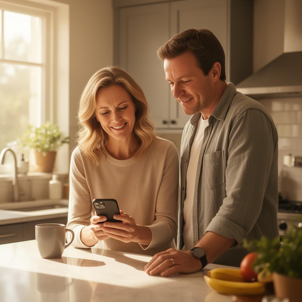 Adult daughter and son looking at a phone together in a kitchen