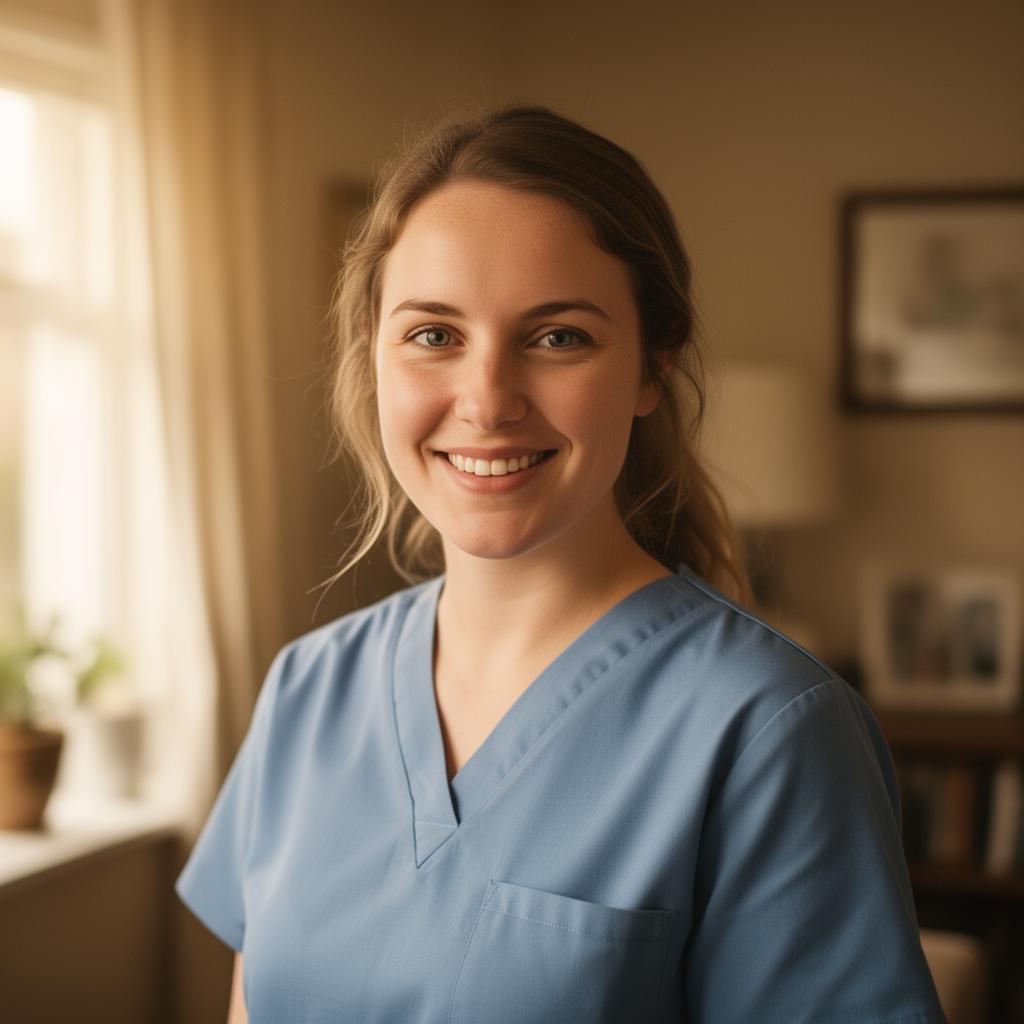 Young caregiver in light blue scrubs smiling warmly in a home setting