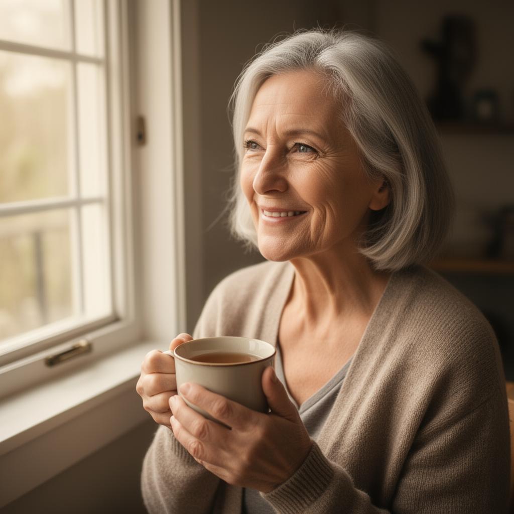 Senior woman smiling by a sunlit window holding a mug of tea